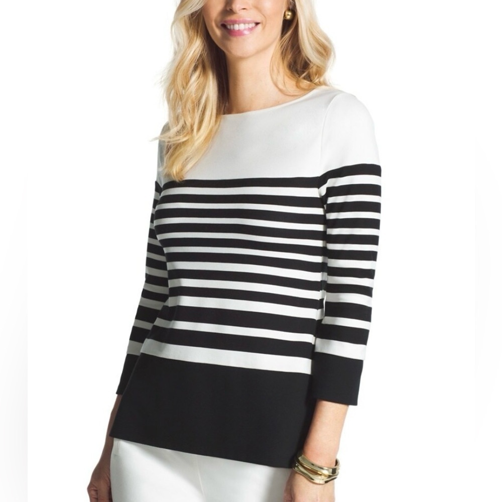 CHICO’s Modern Striped Boat Neck Top in Black and White 3/4 Sleeves Size 1​​​​